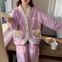 パジャマ レディース 珊瑚フリース 秋冬 ルームウェア 上下セット 厚手 Vネック 刺繡プリント 長袖 長ズボン 部屋着 暖か 快適 ポリエステル...