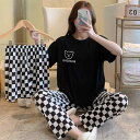 パジャマ レディース ルームウェア 3点セット 半袖Tシャツ 長ズボン ポリエステル 格子柄 かわいい 涼しい 快適 春夏秋冬 部屋着 リラックスウェア(x2)