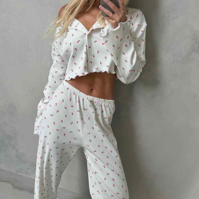 パジャマ レディース 秋冬 ニット セットアップ プリント 長袖 長ズボン 部屋着 ルームウェア ポリエス..