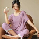 パジャマ レディース 春夏 半袖 薄手 モダール 接触冷感 上下セット ルームウェア 部屋着 7分丈パンツ ラウンドネック 涼しい 快適 伸縮性 リラックス 婦...
