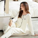 パジャマ レディース 春秋 長袖 綿 レース ルームウェア 上下セット ラウンドネック ミディアム厚 M L XL XXL 米杏色 豆沙粉 果绿色...