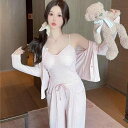 パジャマ レディース 春秋 夏用 綿 吊りキャミソール 長袖 3点セット ルームウェア 部屋着 寝巻き 薄手 快適 通気性 無地 ピンク系 グレー カーキ S ...