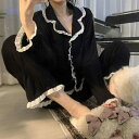 パジャマ レディース 部屋着 春秋 長袖 長ズボン レース 花柄 黒 ルームウェア 寝間着 リラックスウェア ポリエステル 伸縮性 通気性 快適 普段使い