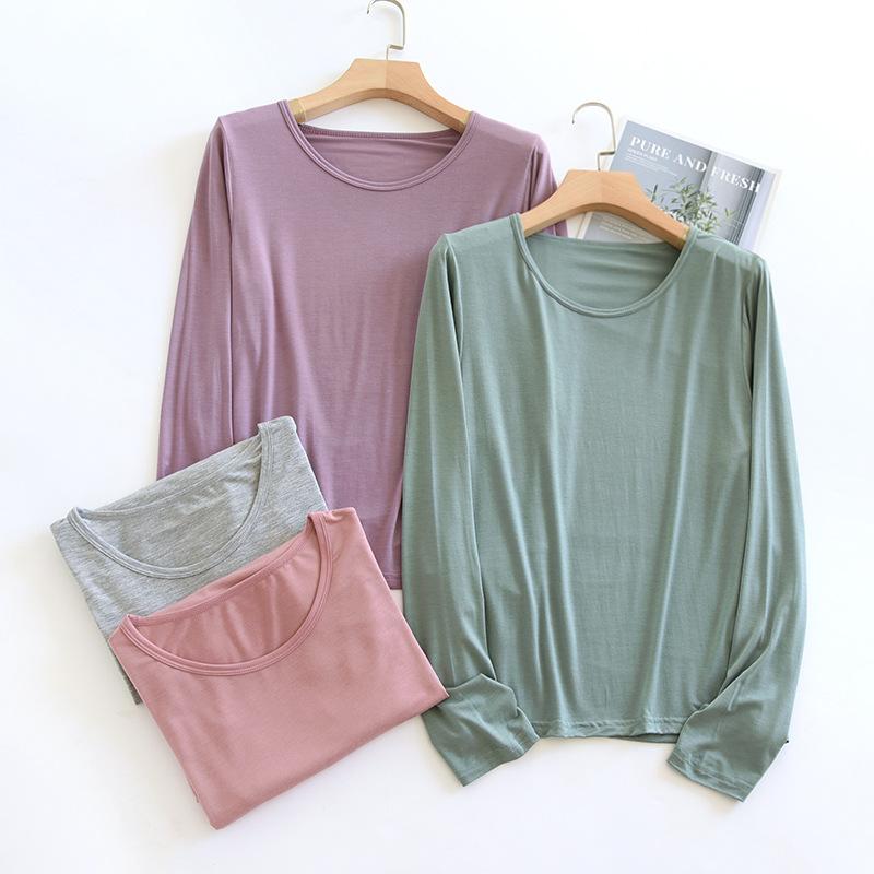 パジャマ レディース 春秋 部屋着 モダール 長袖 薄手 大きいサイズ ゆったり リラックス ラウンドネック 婦人用 トップス 普段使い 寝間着 粘纖 無地 シンプル エレガント ブルー ピンク グレー グリーン パープル