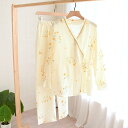 パジャマ レディース 春秋 綿 ダブルガーゼ 和風 前開き 長袖 長ズボン 上下セット ルームウェア 部屋着 寝巻き M L XL 米色 小花柄