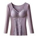 トップス レディース Vネック レース 暖かブラトップ 長袖インナーシャツ 女性用 アクリル 無地 黒 ブラック ベージュ グレー 秋冬