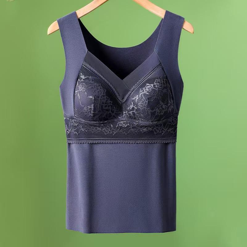 レディース ブラトップ 秋冬 レース 暖かインナー ポリエステル 起毛 Vネック カップ付き 保温インナー 肌着 部屋着 ブラック ベージュ..