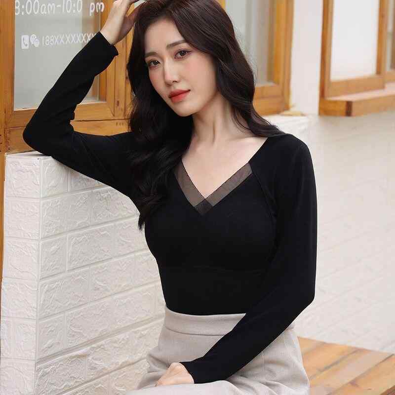 インナー レディース Vネック 長袖 保温 あったかインナー 接触温感 ブラトップ 一体型 M L XL 黒 ブラ..