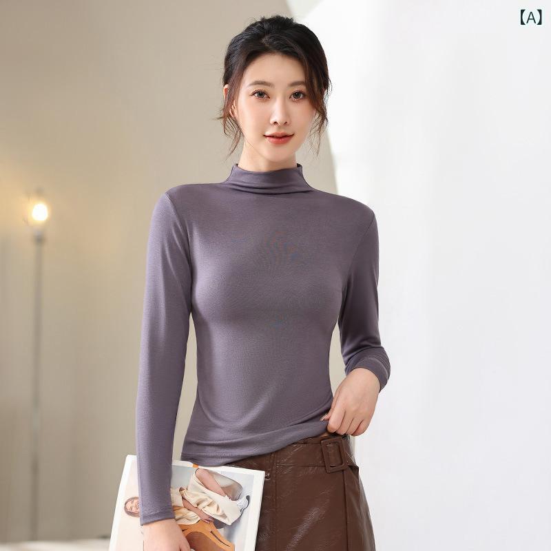 トップス レディース 春秋 薄手 インナーシャツ 無地 半高ネック 長袖 粘纤 接触冷感 伸縮性 レーヨン ..