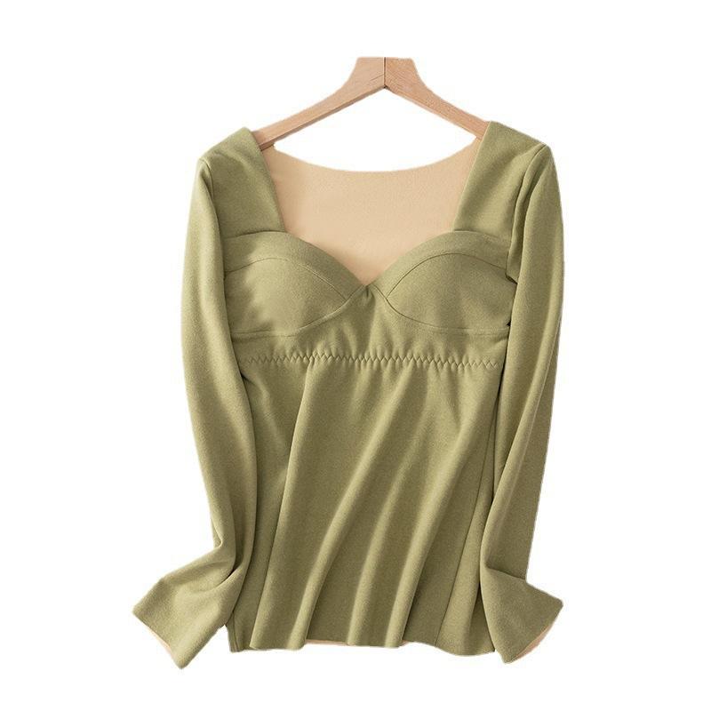 ブラ付き防寒インナー レディース トップス 秋冬 スクエアネック 暖かい 無縫製 裏起毛 厚手 アンダー..