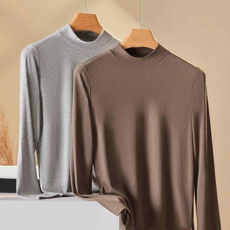 カットソー レディース 長袖 秋冬 リブ 綿混紡 小立襟 ハイネック あったか 保温 インナー 肌着 グレー..