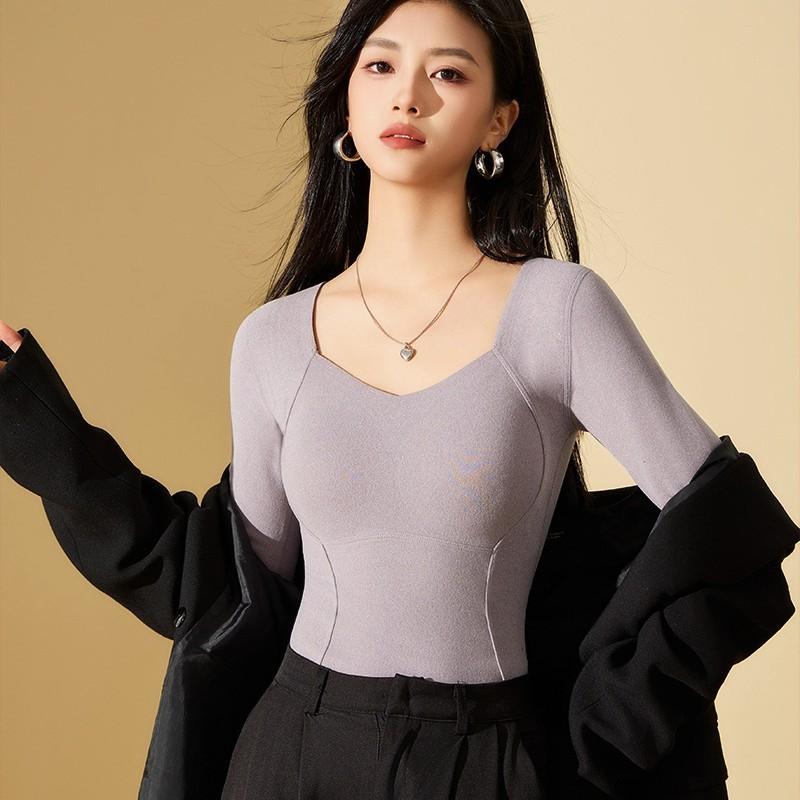 インナー レディース Vネック 長袖 発熱 保温 あったか 暖かい ブラトップ 一体型 肌着 トップス カッ..