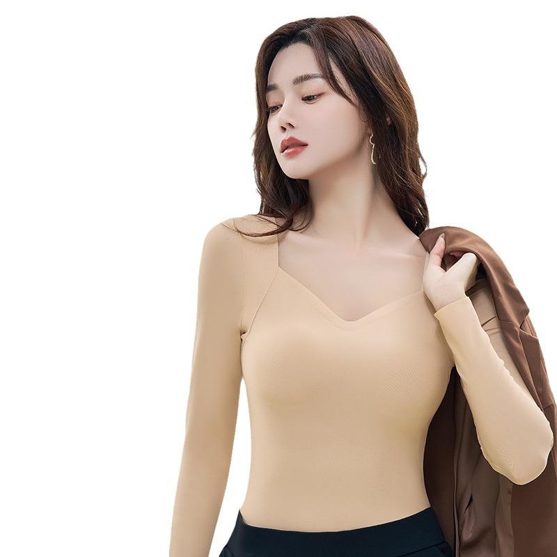 インナー レディース 保温インナー 薄手 トップス 秋冬 無縫製 高伸縮性 肌着 ラウンドネック ブラック ベージュ グレー