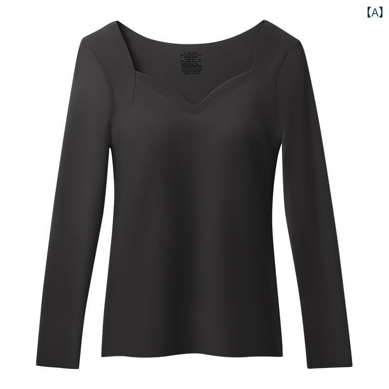 インナー レディース 保温インナー 薄手 トップス 秋冬 無縫製 高伸縮性 肌着 ラウンドネック ブラック ベージュ グレー