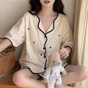 パジャマ レディース 半袖 短パン 上下セット 胸パッド付き ルームウェア 部屋着 韓国 かわいい 薄手 ポリエステル 接触冷感 涼しい 春夏