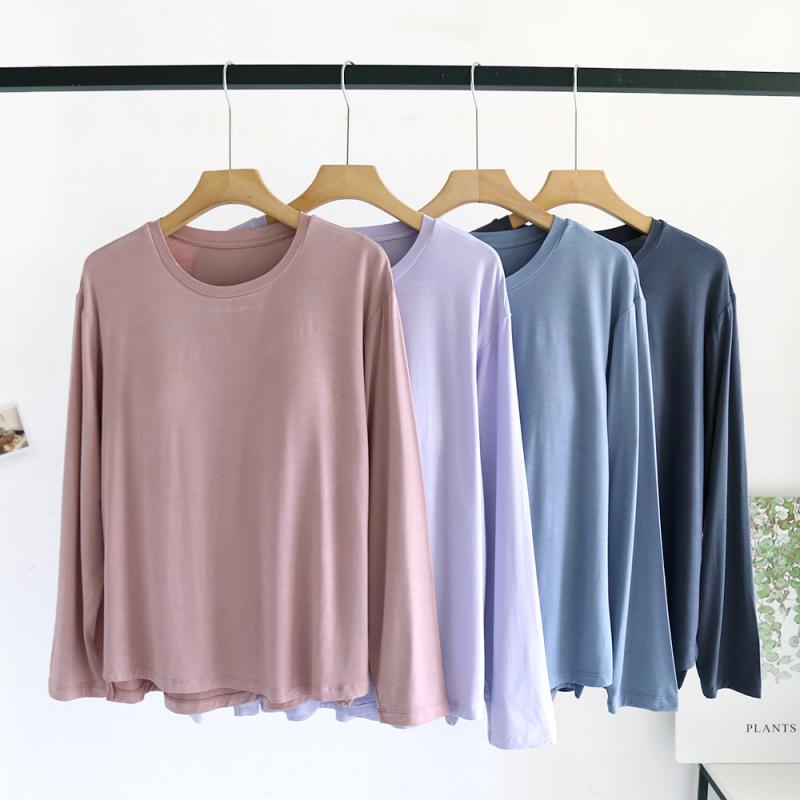パジャマ レディース 春夏 ラウンドネック 胸パッド付き 長袖 薄手 モダール 部屋着 ルームウェア ピンク系 ブルー 深グレー 暗紫色 薄紫 ブラック