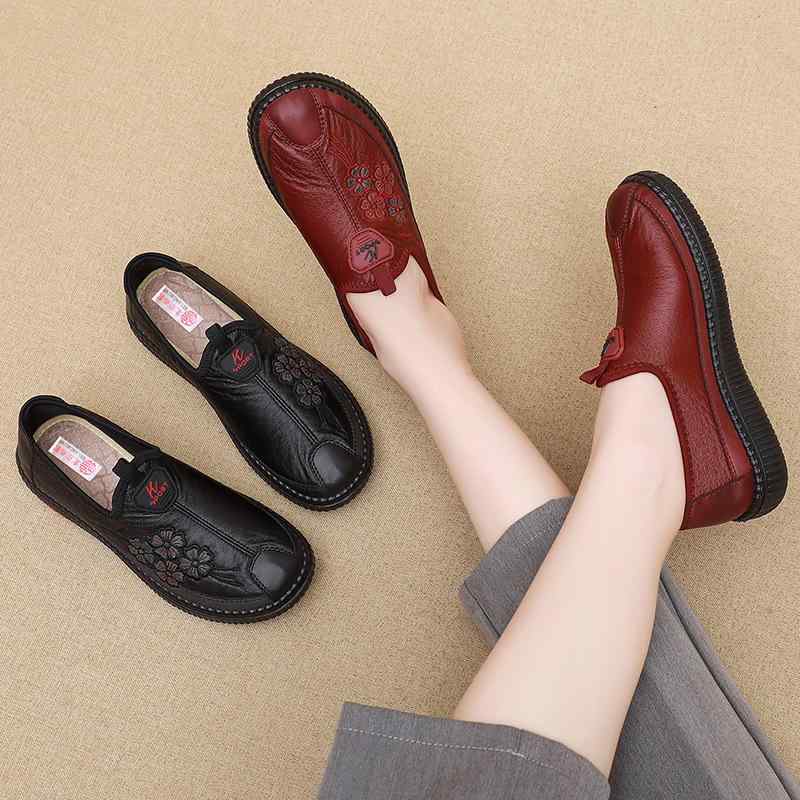 靴 レディース 婦人靴 シニア コンフォートシューズ スリッポン フラット ローヒール 花柄 繊維 普段使い 散歩 旅行 ブラック レッド 35 36 37 38 39 40 41