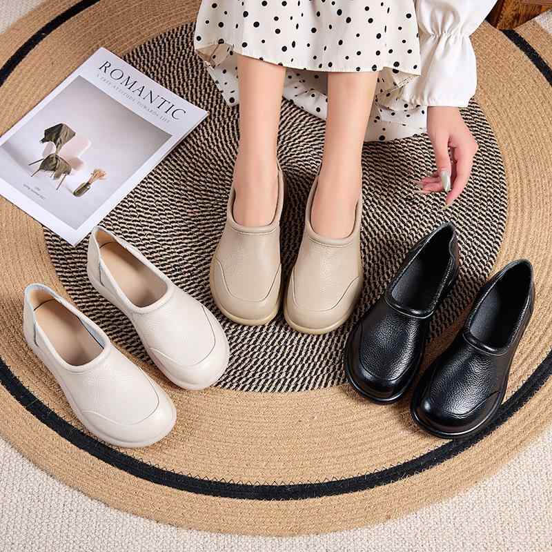 パンプス レディース 婦人靴 シニア ミセス ローヒール スリッポン ぺたんこ 履きやすい 柔らかい 牛革 革 滑り止め 疲れにくい 歩きやすい ラウンドトゥ 無地 ベージュ系 ブラウン系 ブラック 春秋