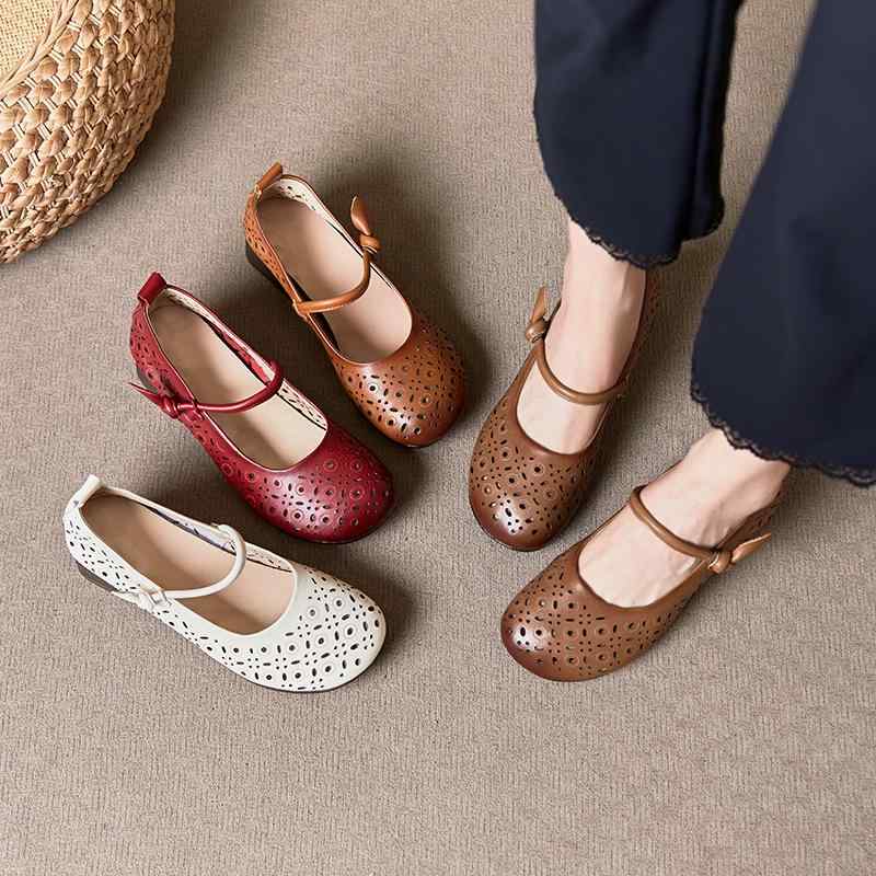 靴 レディース 真皮 メッシュ サンダル ミドルヒール ストラップ プレーン ラウンドトゥ カジュアル レッド ブラウン ベージュ 通気性 普段使い