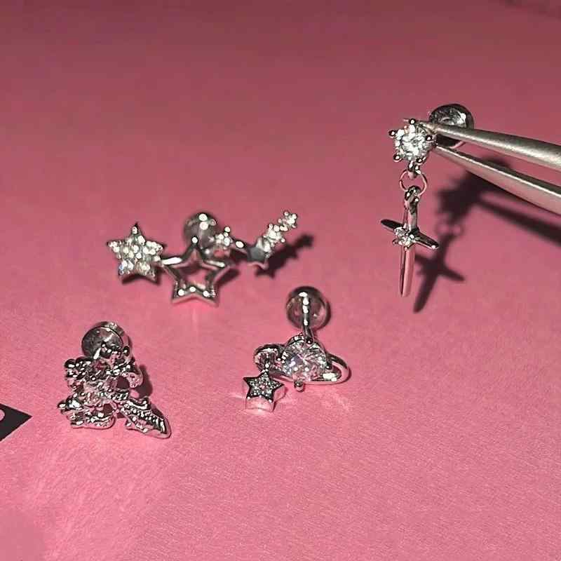 ピアス レディース チタン鋼 クロス 十字架 ジルコニア イヤーカフ 星 スター ドロップピアス かわいい ゆめかわ 電気メッキ加工