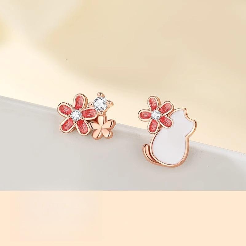ピアス レディース かわいい 猫 花 韓国 イヤーアクセサリー 上品 エレガント 電気メッキ加工 誕生日 ギフト(x2)