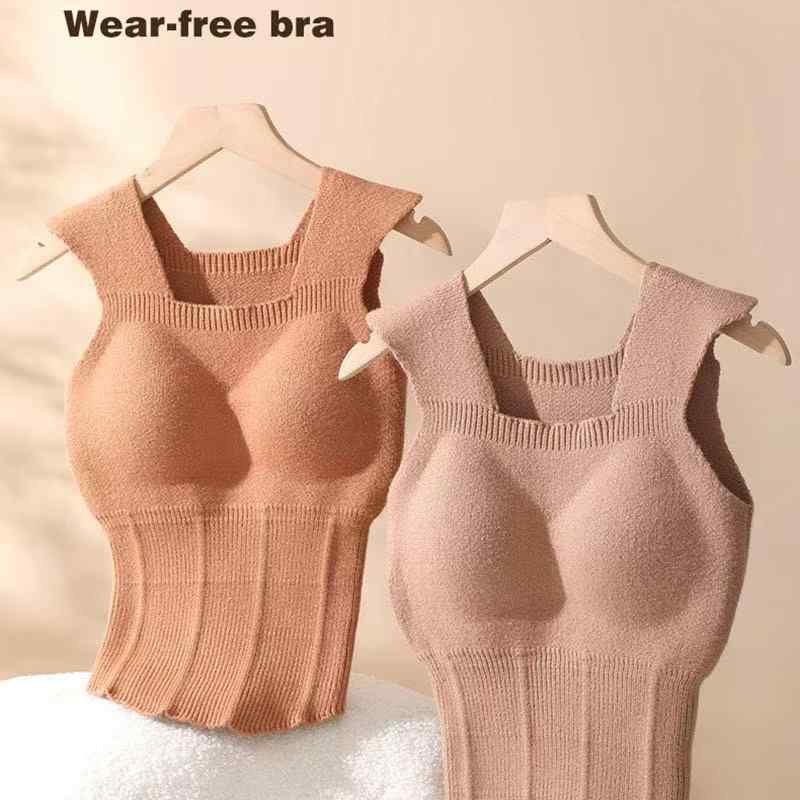 タンクトップ レディース 秋冬 加絨 桑蚕糸 保温 インナー カップ付き 一字襟 ポリエステル 無地 厚手