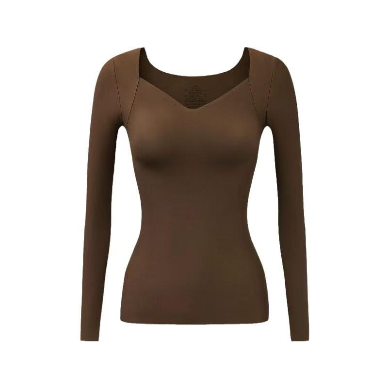 肌着 レディース Vネック 長袖 トップス 保温 インナー 接触冷感 伸縮性 無地 可可棕 クラシックブラッ..