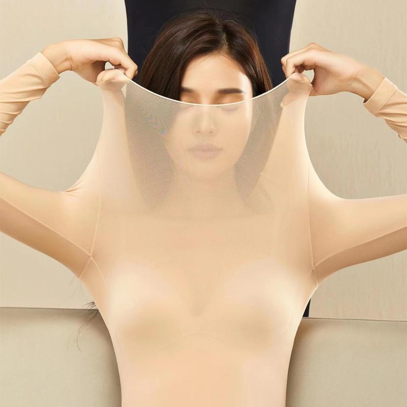 トップス レディース 肌着 長袖 秋 無地 ラウンドネック ナイロン 発熱 保温 伸縮 L XL ブラック グレ..