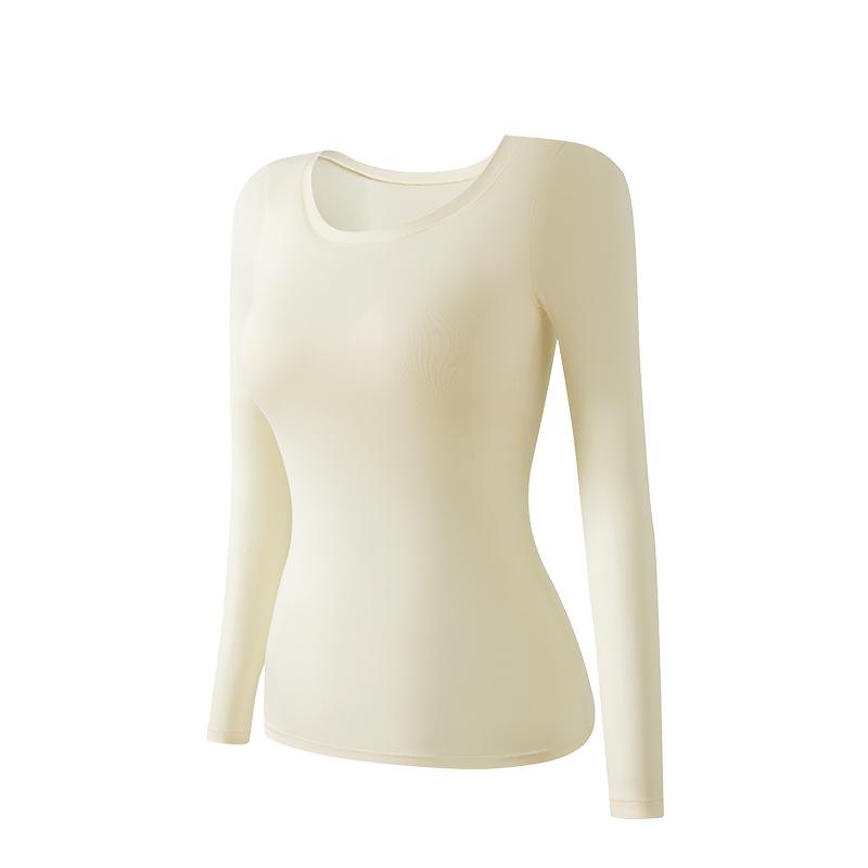 肌着 レディース 大きいサイズ ラウンドネック 長袖 薄手 保温 インナーシャツ 無縫製 伸縮性 ストレッチ ナイロン ブラック コーヒー 抹茶色 アイボリー(...