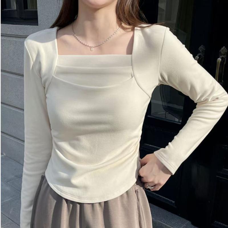 シャツ レディース 秋冬 再生繊維 方領 長袖 トップス 無地 保温 伸縮性 シャーリング カットソー ミル..