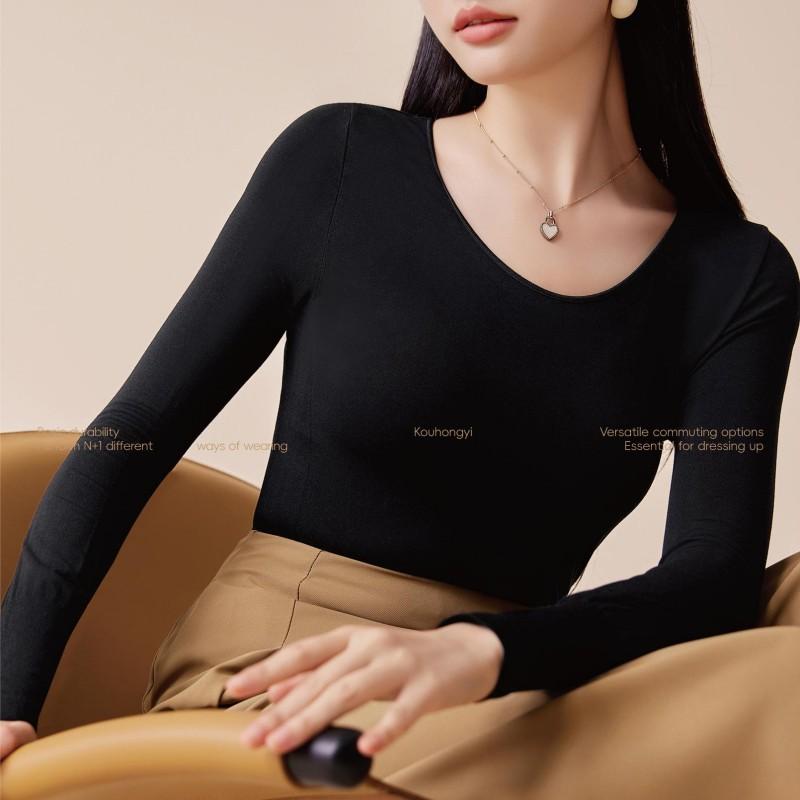 肌着 レディース 薄型 インナーシャツ 保温 肌色 粘纤 ラウンドネック 長袖 あったかインナー 肌着 薄手 トップス 部屋着(x80)