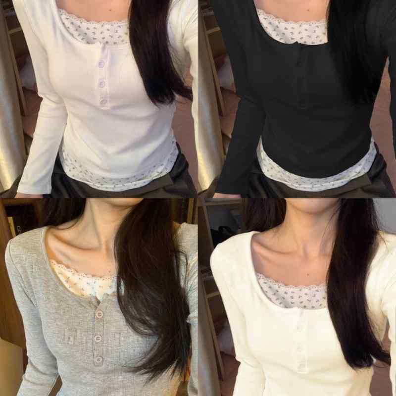 Tシャツ レディース レース 花柄 切り替え 裏起毛 長袖 あったか インナー カップ付き トップス グレー ホワイト ブラック ベージュ