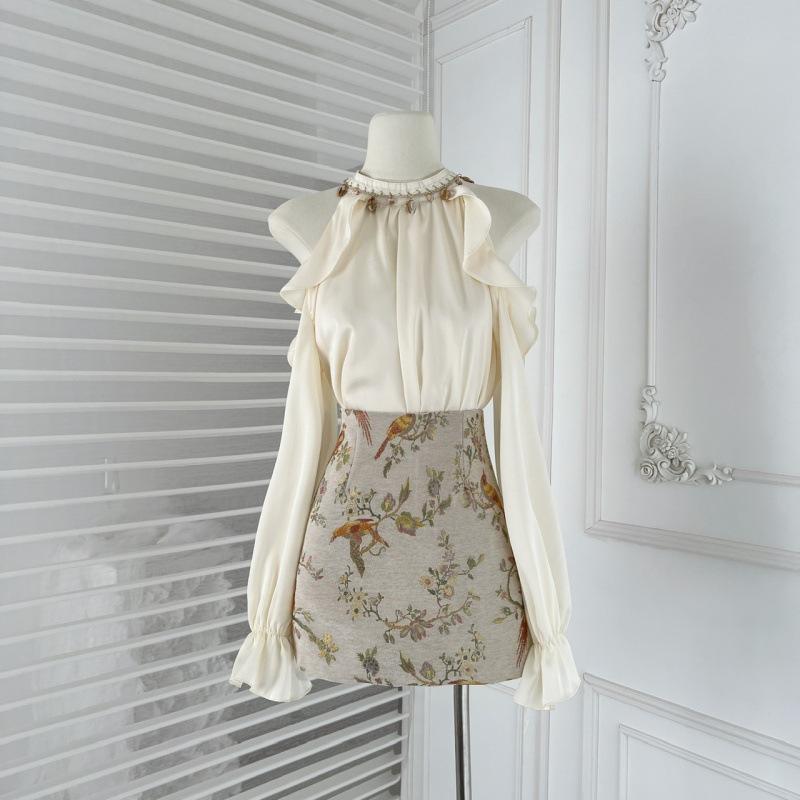 セットアップ レディース 春 上下セット ブラウス トップス プリント スカート 綿 ブルー系 きれいめ かわいい おしゃれ フェミニン デート(x3)(4)