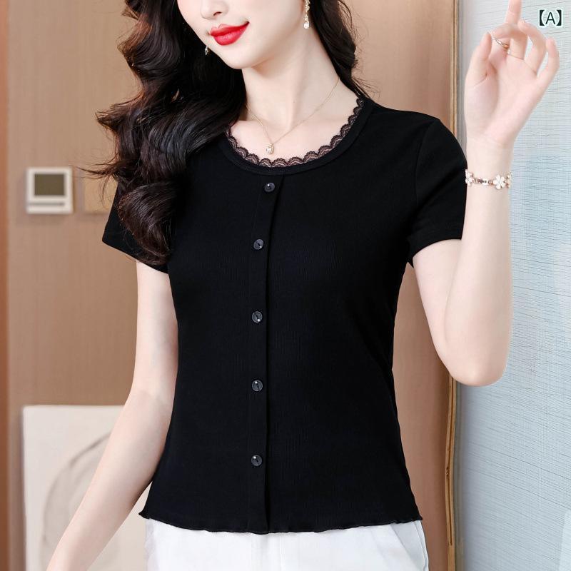 Tシャツ レディース 半袖 無地 レース襟 ラウンドネック トップス カットソー シンプル 通勤着 普段使い 黒 グレー系