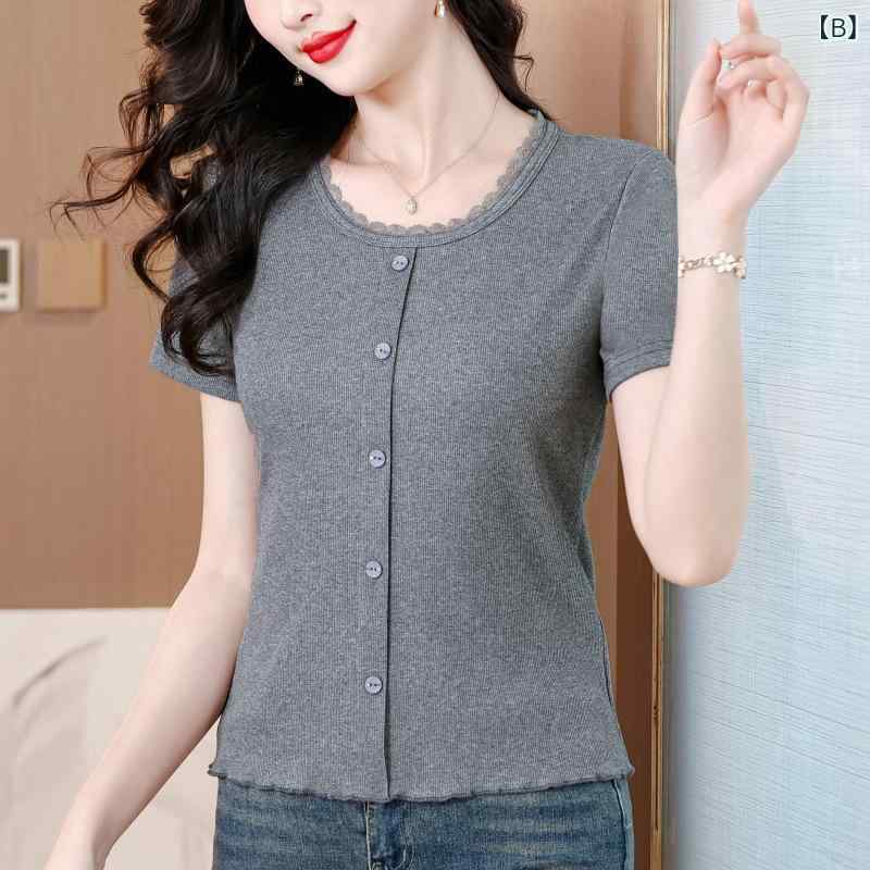 Tシャツ レディース 半袖 無地 レース襟 ラウンドネック トップス カットソー シンプル 通勤着 普段使い 黒 グレー系