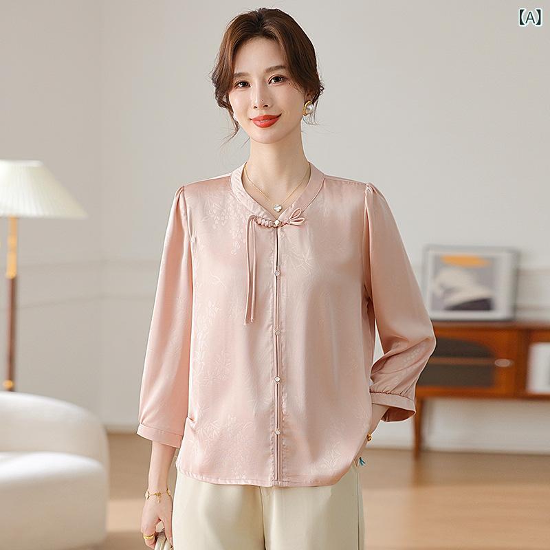 シャツ レディース 婦人服 春夏 ポリエステル 7分袖 トップス 襟付き 無地 ピンク系 グリーン エレガント 通勤