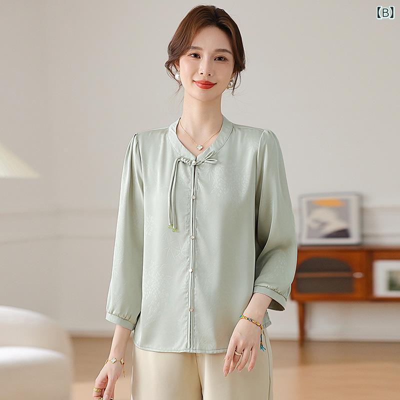 シャツ レディース 婦人服 春夏 ポリエステル 7分袖 トップス 襟付き 無地 ピンク系 グリーン エレガント 通勤