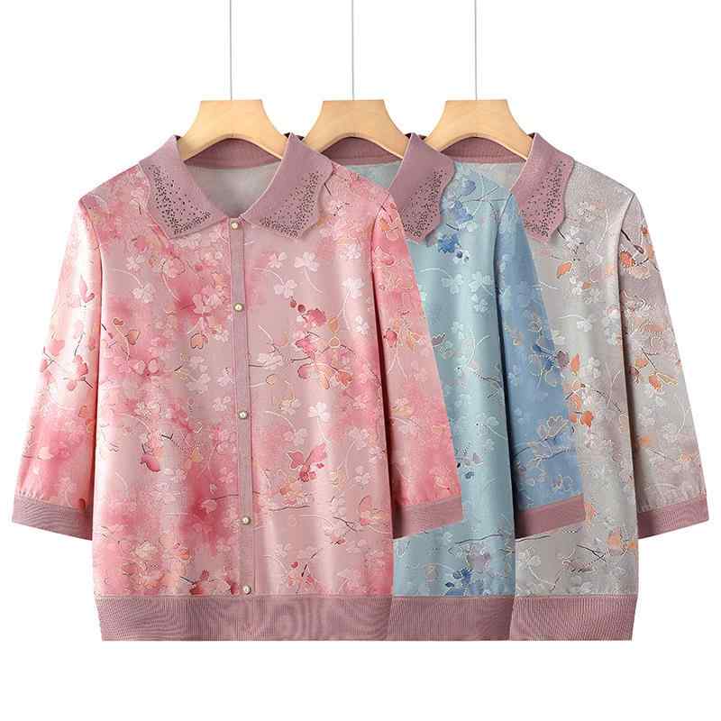 Tシャツ レディース 春秋 花柄 長袖 襟付き 50代 60代 シニア カットソー トップス 普段使い ブルー レッド グレー(x2)