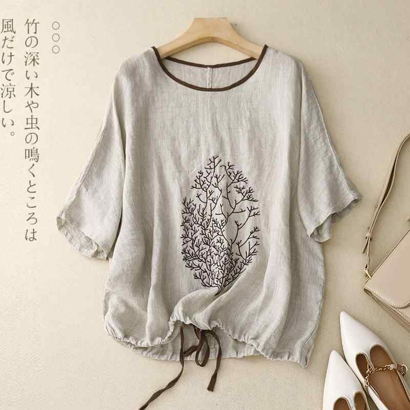 Tシャツ レディース 刺繍 コットンリネン トップス プルオーバー 配色 ラウンドネック ゆったり 全綿 春夏 コーヒー色 カーキ 麻色 オレンジレッド