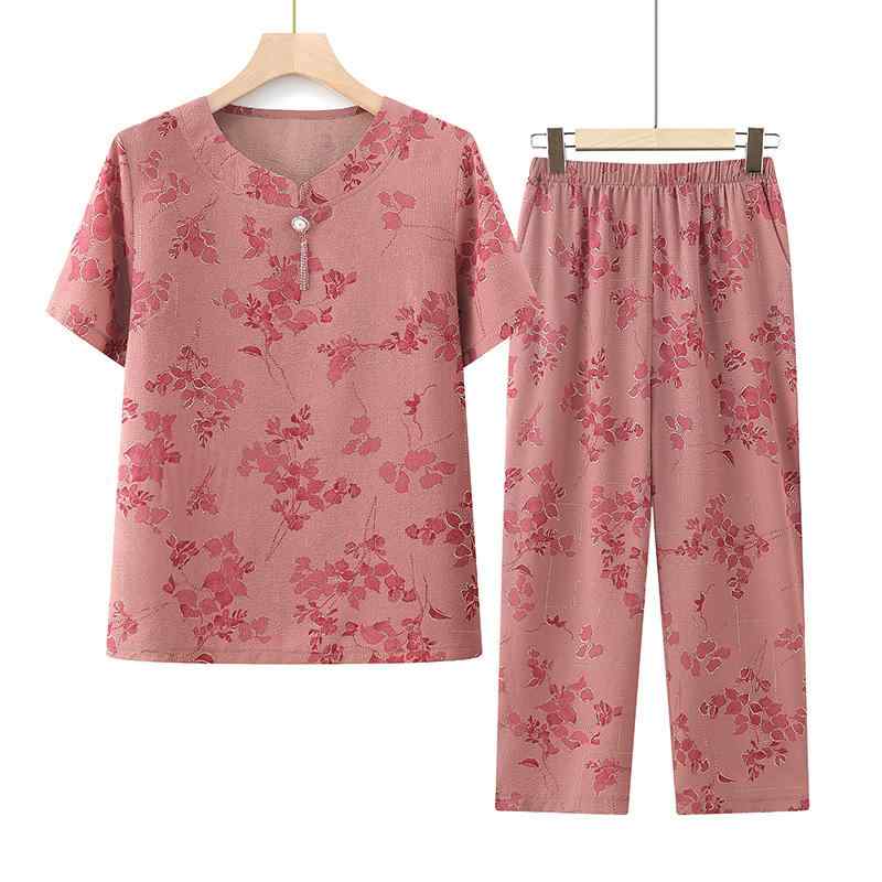 セットアップ レディース 婦人服 シニア 半袖 トップス パンツ 2点 上下セット ポリエステル 90～160斤推奨 ブルー レッド