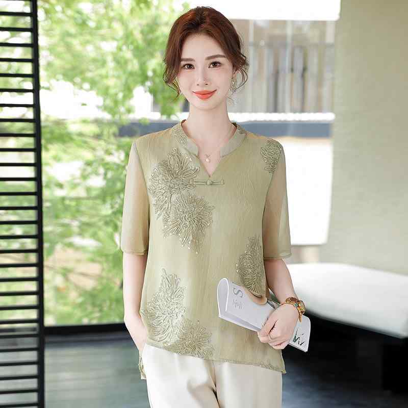 トップス レディース ミセス 中国風 提花 ポリエステル 花柄 刺繍 エレガント きれいめ グリーン