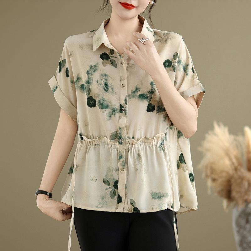 シャツ レディース 夏服 トップス シフォン プリント柄 半袖 通勤 普段使い M L XL 2XL ゆったりサイズ コットン リネン混紡(4)