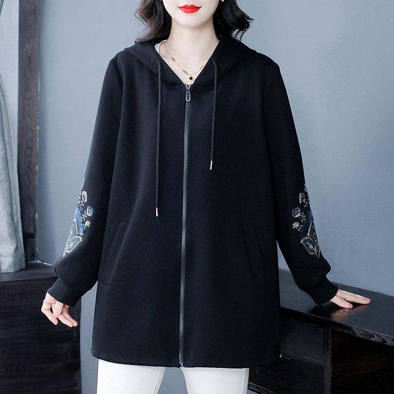 パーカー レディース 秋冬 ニット 国風 刺繍 ゆったり 大きいサイズ フード付き 長袖 トレーナー ミセス シニア ワインレッド ダークグレー ブラック ポリエステル エレガント 個性 ストリート アニマル柄