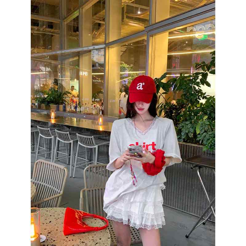 Tシャツ レディース 半袖 ケーキスカート グレー アルファベット柄 プリント レース 切り替え Vネック ゆったりサイズ 通勤着 普段使い ストリート カジュアル 春夏