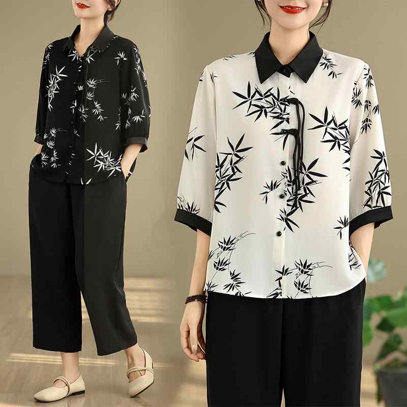 シャツ レディース 中老年 女性用 襟付き シフォン ブラウス トップス 半袖 薄手 ゆったり 白 黒 ポリエステル 天丝 韓国