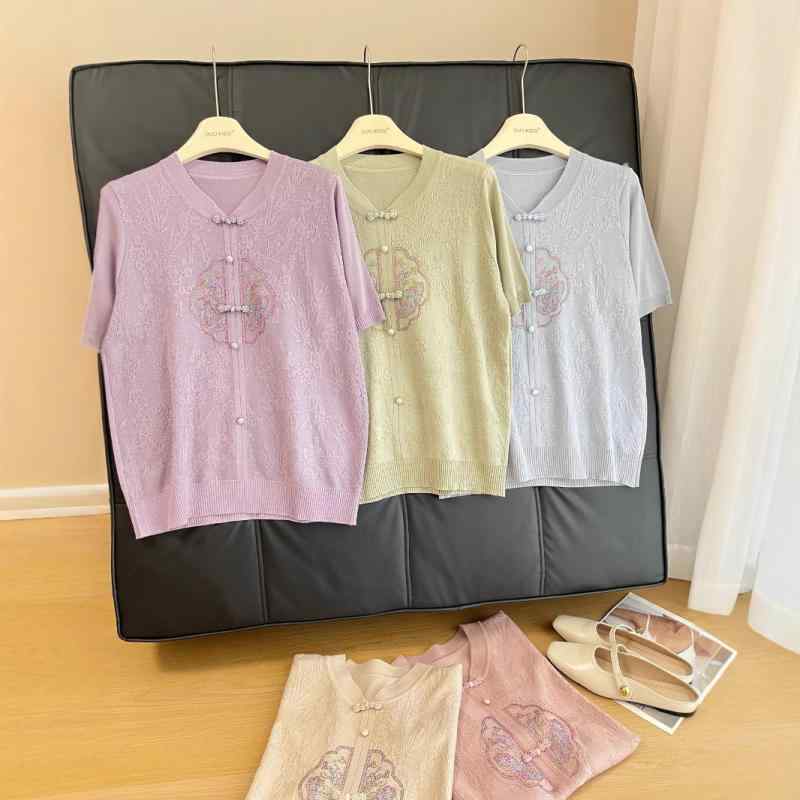 ニット レディース 針織 トップス チャイナ風 カットソー 半袖 烫钻付き 花柄 宽松 ゆったりサイズ ミセス パープル ピンク系