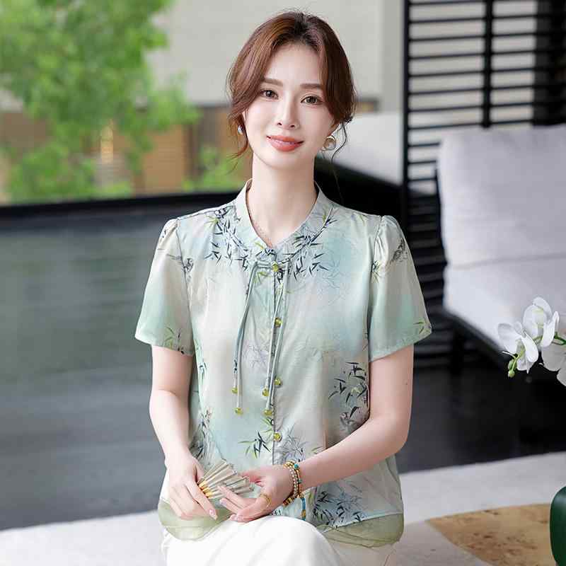 シャツ レディース 新中式 国風 薄手 半袖 トップス エレガント 气质 优雅 花柄 プリント ポリエステル