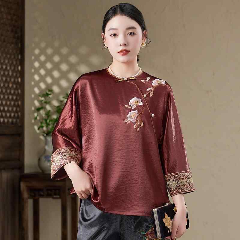 シャツ レディース 唐装 中袖 刺繡 ポリエステル 通勤風 ブラウス トップス 煉瓦色 XL 2XL 3XL 4XL 5XL..