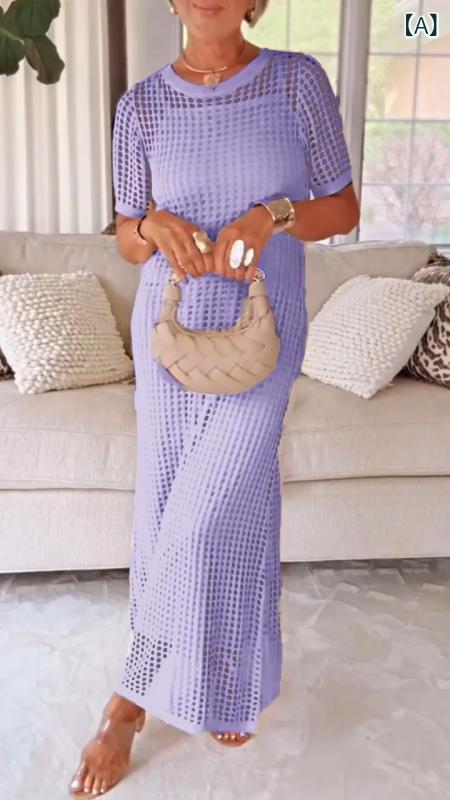 ワンピース レディース 2点セット 膝下丈 鐘型スカート ラウンドネック 5分袖 ポリエステル 無地 快適 普段使い パープル ブラック ベージュ ピンク ホワイト ライトブルー グレー ローズレッド グリーン