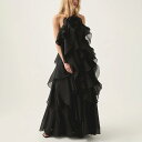 ワンピース レディース 夏 2025年 膝下丈 ロングワンピース ノースリーブ ホルターネック Aライン フレア ギャザー 切り替え ティアード フリル ポリエステル ブラック オレンジ ブルー 無地 高見え